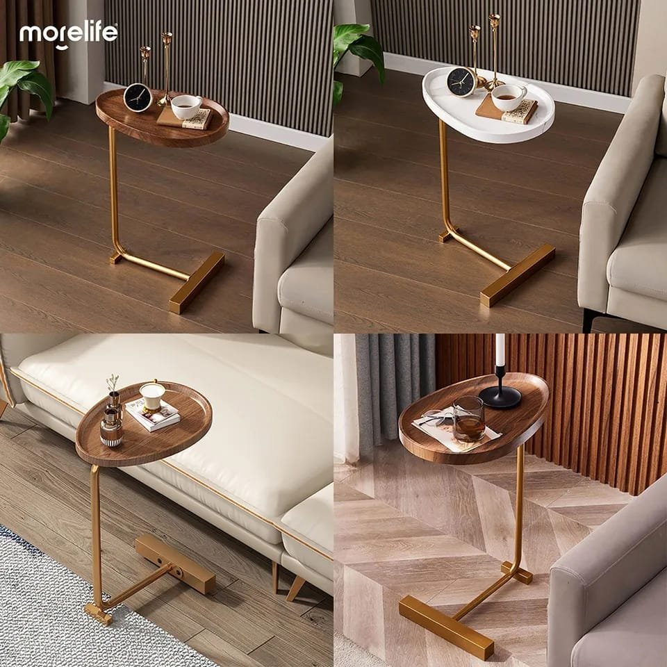 Light Luxury C-Shaped Wooden Side Table, Modern Furniture, Small Space Solution, Golden Frame, Minimalist Elegance, Mighty Bazaar UAE, Versatile Living, Stylish Home Decor